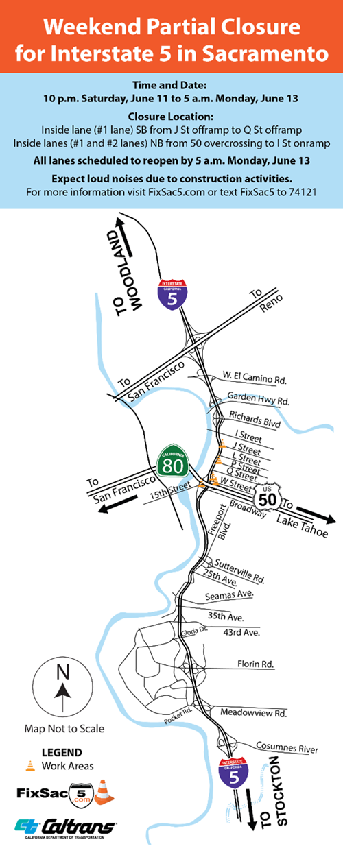 Map of partial closure for Interstate 5 in Sacramento from the U.S. 50 interchange to J Street from From 10 p.m. Friday, June 10 through 5 a.m. Monday, June 13