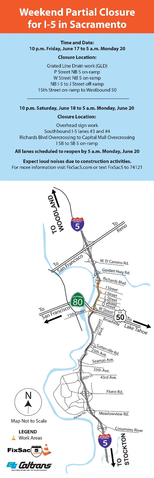 Map of partial closures of Interstate 5 from 10pm June 17 to 5am June 20
