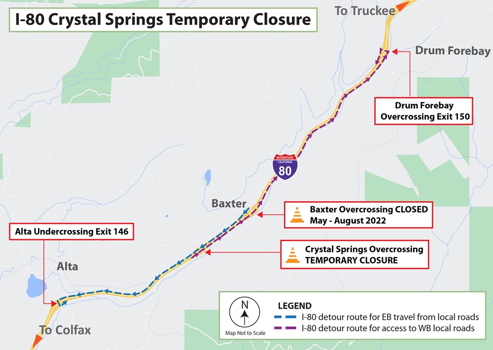 Detour map for the temporary closure of the I-80 Crystal Springs Overcrossing. Local motorists will be directed to take I-80 westbound to the Alta Undercrossing (Exit 146) for eastbound I-80 travel. Eastbound motorists needing to access roads on the westbound side of I-80 will be directed to Drum Forebay (Exit 150). The westbound off-ramps at Crystal Springs and Baxter remain open. There is also a long-term closure of the Baxter Overcrossing through August 2022.