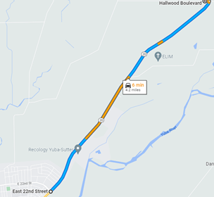 Map of roadway crack sealing work on State Highway 20 east of Marysville. Crews will conduct reversing one-way traffic control from 8 a.m. to 3 p.m. today through Thursday at various locations between East 22nd Street and Hallwood Boulevard. Motorists may expect 15- to 20-minute delays.