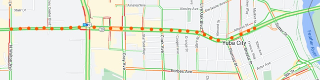 Map of roadway crack sealing work on State Highway 20 between the 10th Street Bridge and Walton Avenue in Yuba City. Work is scheduled to take place nightly from 10 p.m. to 6 a.m. Monday, June 13 through Thursday, June 16