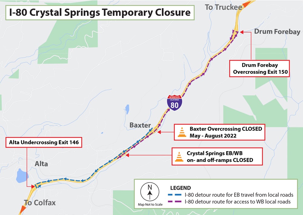 Detour map for the extended closure of the I-80 off- and on-ramps at Crystal Springs in Placer County. During the Crystal Springs on- and off-ramp closures, local motorists will be directed to take the westbound Baxter on-ramp to I-80 and then the Alta Undercrossing (Exit 146) for eastbound I-80 travel. Eastbound motorists needing to access local roads on the westbound side of I-80 will be directed to Drum Forebay (Exit 150) and then to the westbound Baxter off-ramp. 