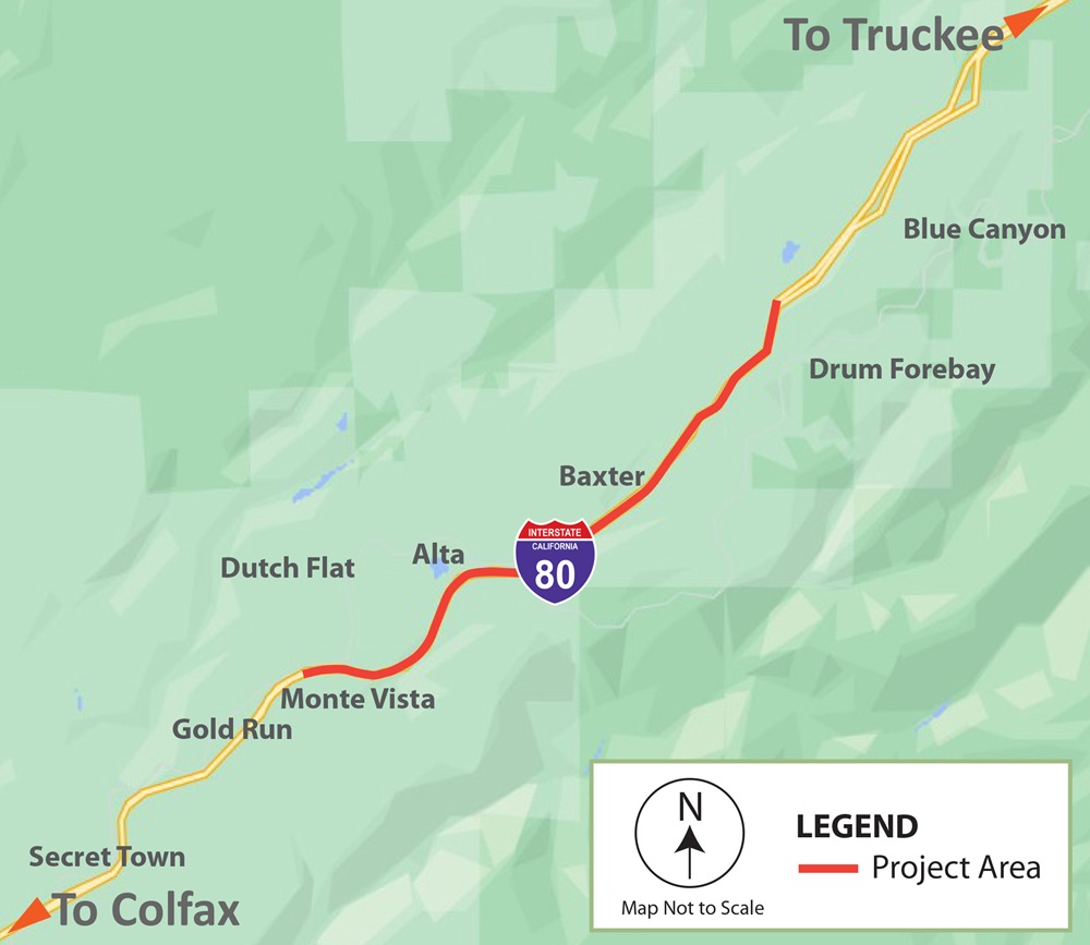 Map showing location of the project to improve the safety, reliability and freight mobility of I-80 in Placer County from 0.45 miles west of the Monte Vista Overcrossing (post mile 42.7) to 0.3 miles east of the Drum Forebay Overcrossing (post mile 49.3).