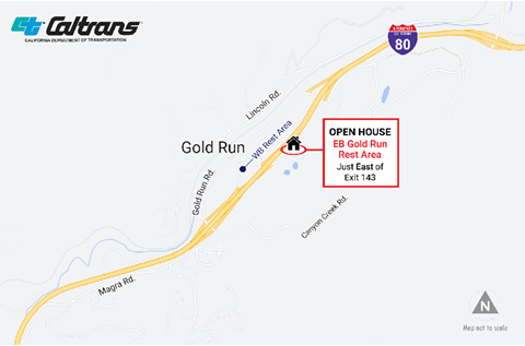 Map of the outdoor public open house that will be held Thursday, July 7 from 5 to 6:30 p.m. at the eastbound I-80 Gold Run Rest Area, just east of exit 143. 