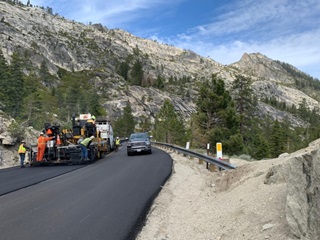 Photo of Granite Construction repaving U.S. Highway 50 east of Echo Summit.