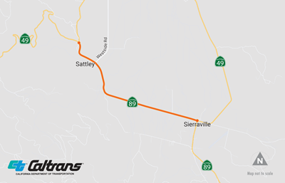Map showing the location of an upcoming paving project on State Route 89 in Sierra County. The project is smoothing and repaving a five-mile segment of SR-89 between Sattley and Sierraville.