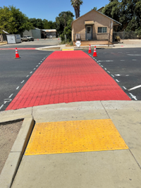Photo of new textured crosswalks added as part of the Yolo State Route 16 Esparto Improvements Project.