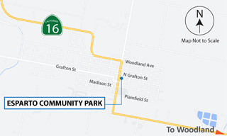 Map showing Esparto Community Park where the ribbon-cutting event will be held for the Yolo State Route 16 Esparto Improvements Project.