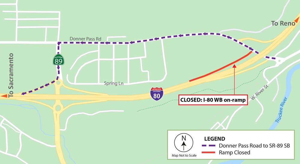 Detour map for the closure of the Interstate 80 westbound on-ramp at Donner Pass Road/Central Truckee. Motorists will be detoured along Donner Pass Road to the State Route 89 south westbound on-ramp.