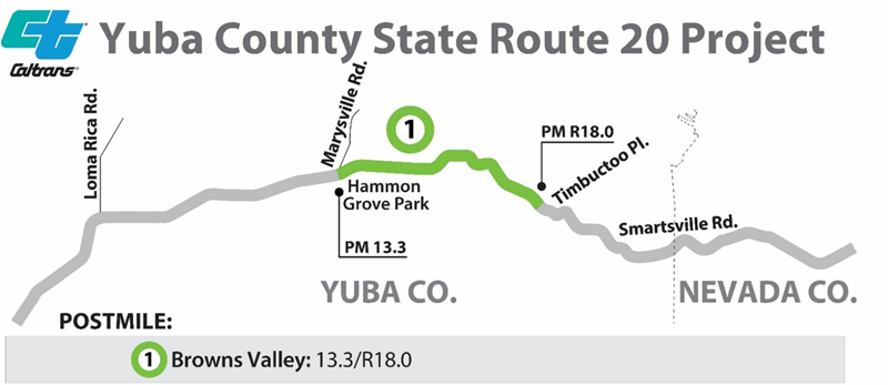 Map of construction zone where motorists can expect 15 to 20 minute delays due to traffic control throughout August on State Highway 20 in the Browns Valley area for final roadway grinding, paving and striping work.
