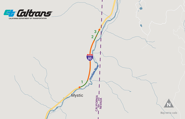 Map indicating 3 points along Interstate 80 by the Truckee river and the California/Nevada border