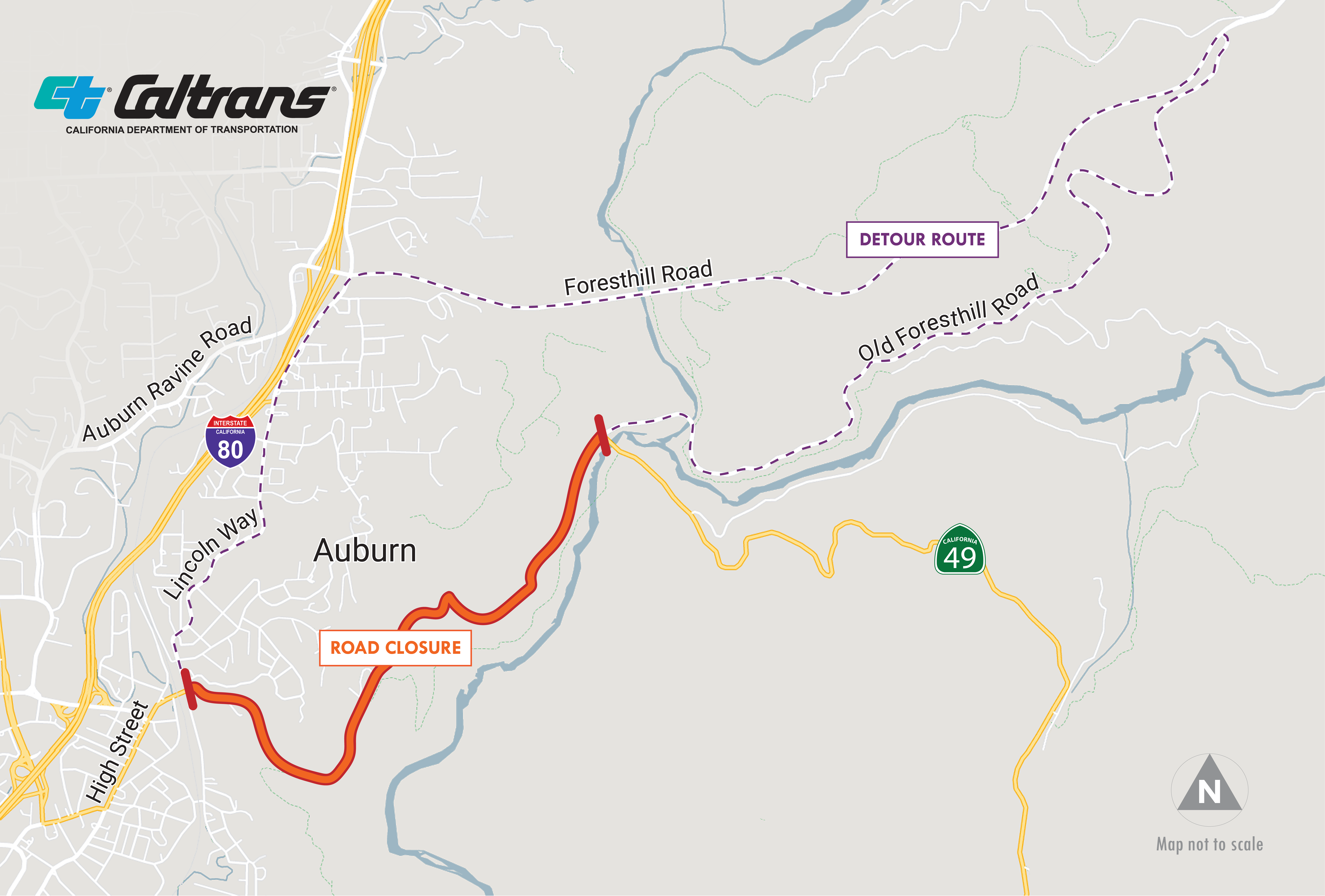 Map showing the location of a paving project south of Auburn on State Route 49. The highway will be closed overnight from Lincoln Way to Old Foresthill Road. Motorists will be detoured during the closure via Lincoln Way, Foresthill Road and Old Foresthill Road.