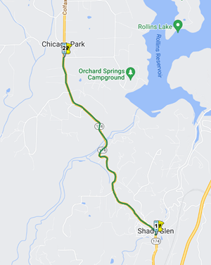 Map showing the location of paving work on State Route 174 in Placer and Nevada Counties between Rollins Lake Road and Orchard Springs Road.
