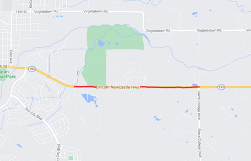Map showing the location of scheduled rock blasting work along SR-193 in Lincoln. Traffic will be held between Oak Tree Lane and Sierra College Blvd. during blasting activities.