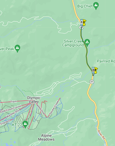 Map showing the location of upcoming drainage work on State Route 89 south in Placer County. Maintenance crews will be cleaning drains on a segment just north of Palisades Tahoe.