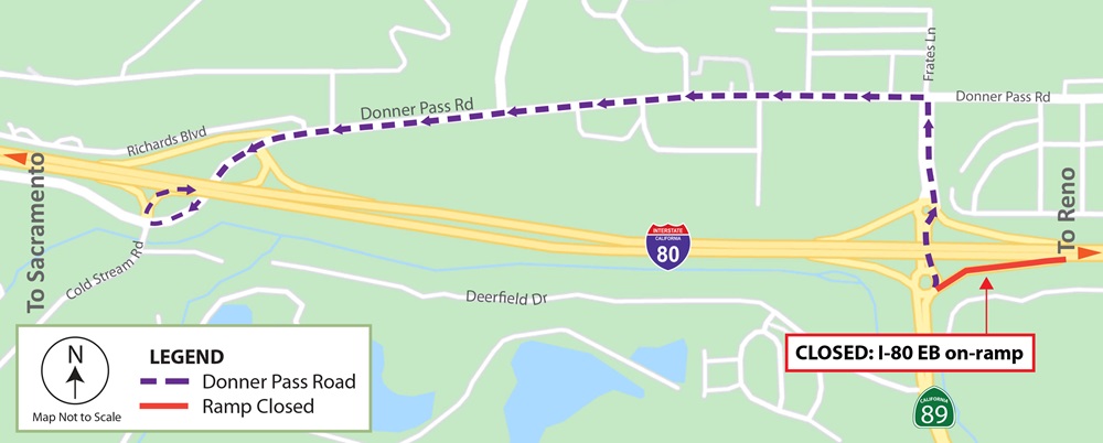 Detour map for the closure of the Interstate 80 eastbound on-ramp from State Route 89 south. Motorists will be directed to continue along Donner Pass Road to Coldstream Road for access to the I-80 eastbound on-ramp.