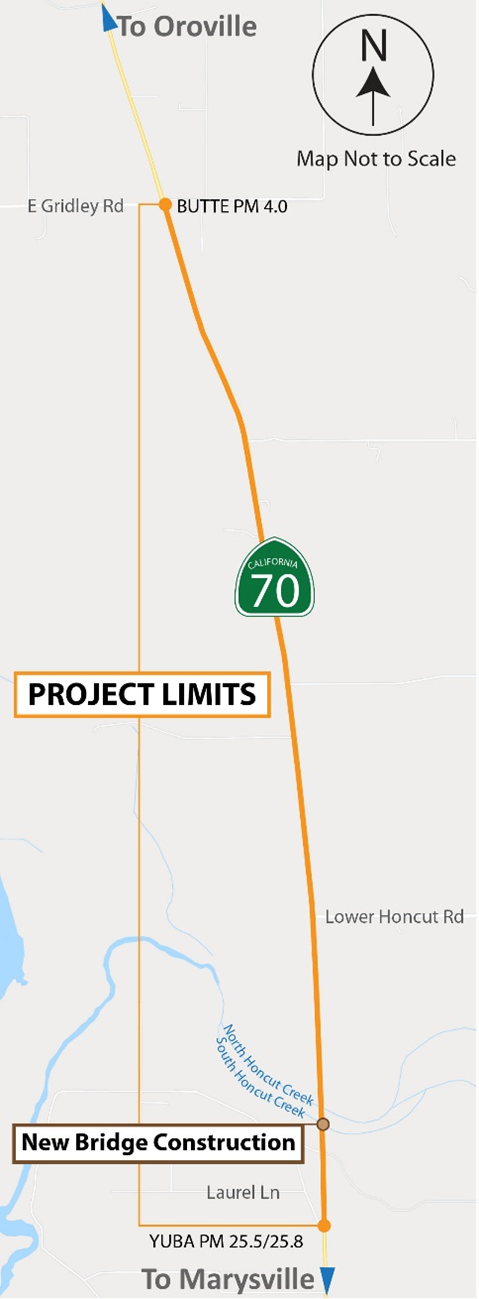 Map of State Route 70 project to widen the existing two-lane highway to four lanes with a center median two-way left turn lane between East Gridley Road and the Butte-Yuba County line, widen the shoulders, build a new bridge over Honcut Creek and increase the clear recovery zone area for errant drivers to safely recover and correct direction