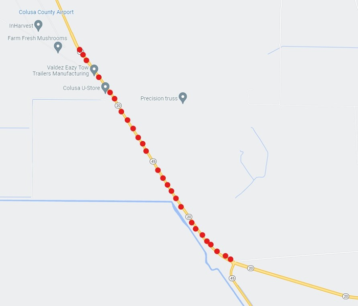 Map of roadwork on a 1.7-mile stretch of State Highway 20 east of the Colusa County Airport in Colusa from Monday August 15th through Saturday August 20th.