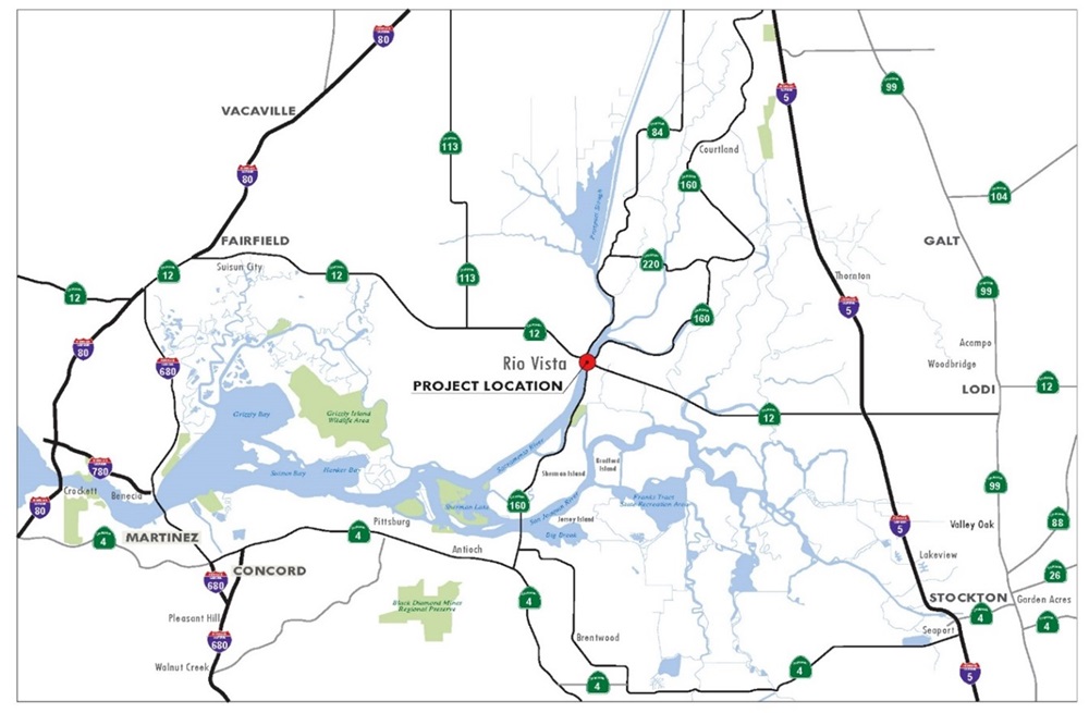 Map of Rio Vista Bridge location on State Route 12