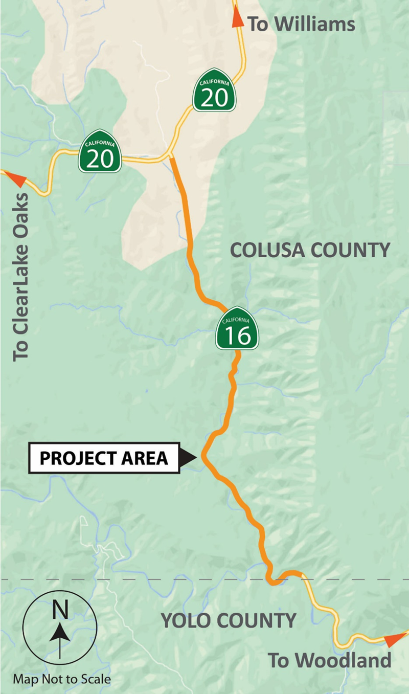 Map of the project area between the Highway 16/Highway 20 junction and the Colusa-Yolo county line. 