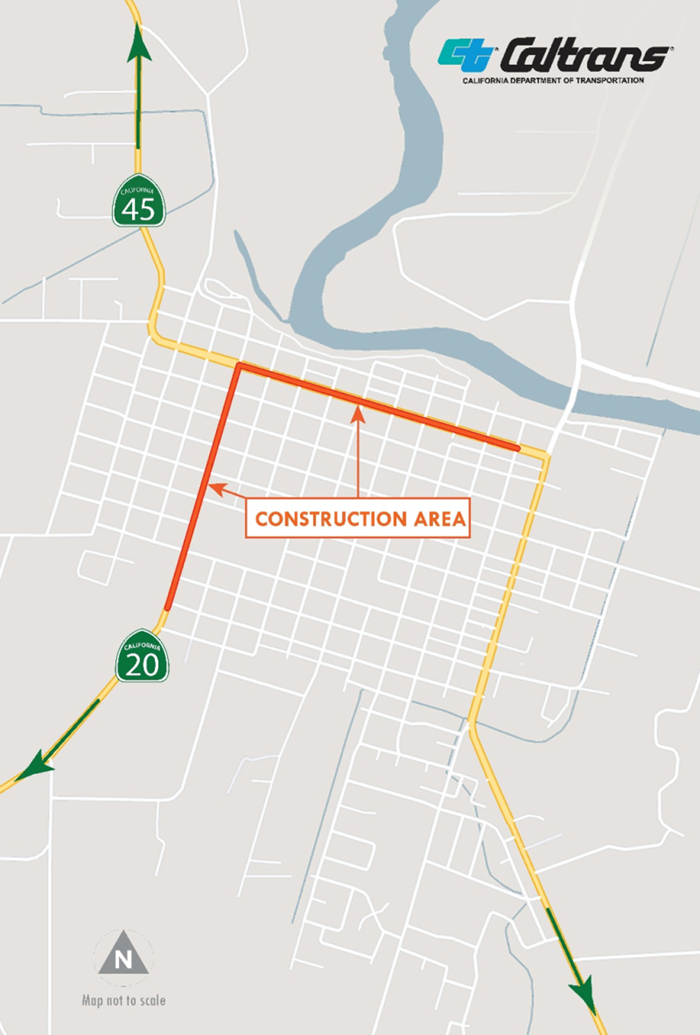Map of upcoming paving work on State Highways 20 and 45 through the downtown Colusa area.  Starting Monday, August 29 from approximately 6 a.m. to 6 p.m. Monday through Friday, with possible Saturday operations, through early October. 