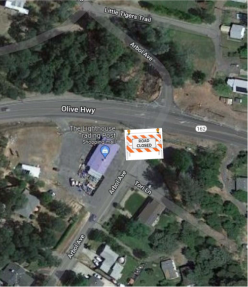 Map of upcoming five-day closure of South Arbol Avenue at State Highway 162 in Oroville for roadwork.  Crews are scheduled to start the closure at approximately 7 a.m. Wednesday, September 7 and reopen the roadway by 3 p.m. Wednesday, September 14.