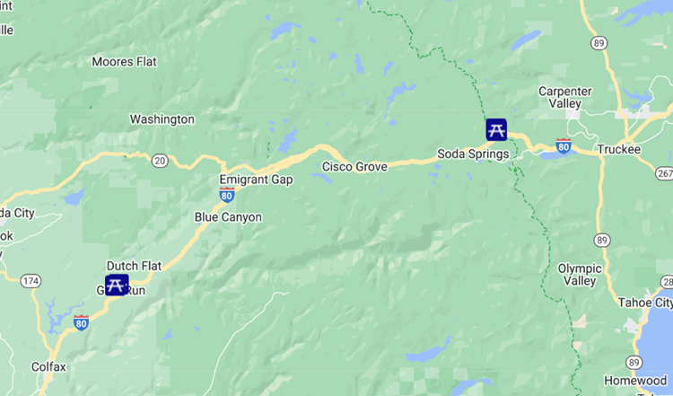 Screenshot of Quickmap showing the location on Interstate 80 of the Gold Run and Donner Summit rest areas. The Gold Run rest areas are approximately 34 miles west of the Donner Summit rest areas.  The Donner Summit rest areas are approximately nine miles west of Truckee.
