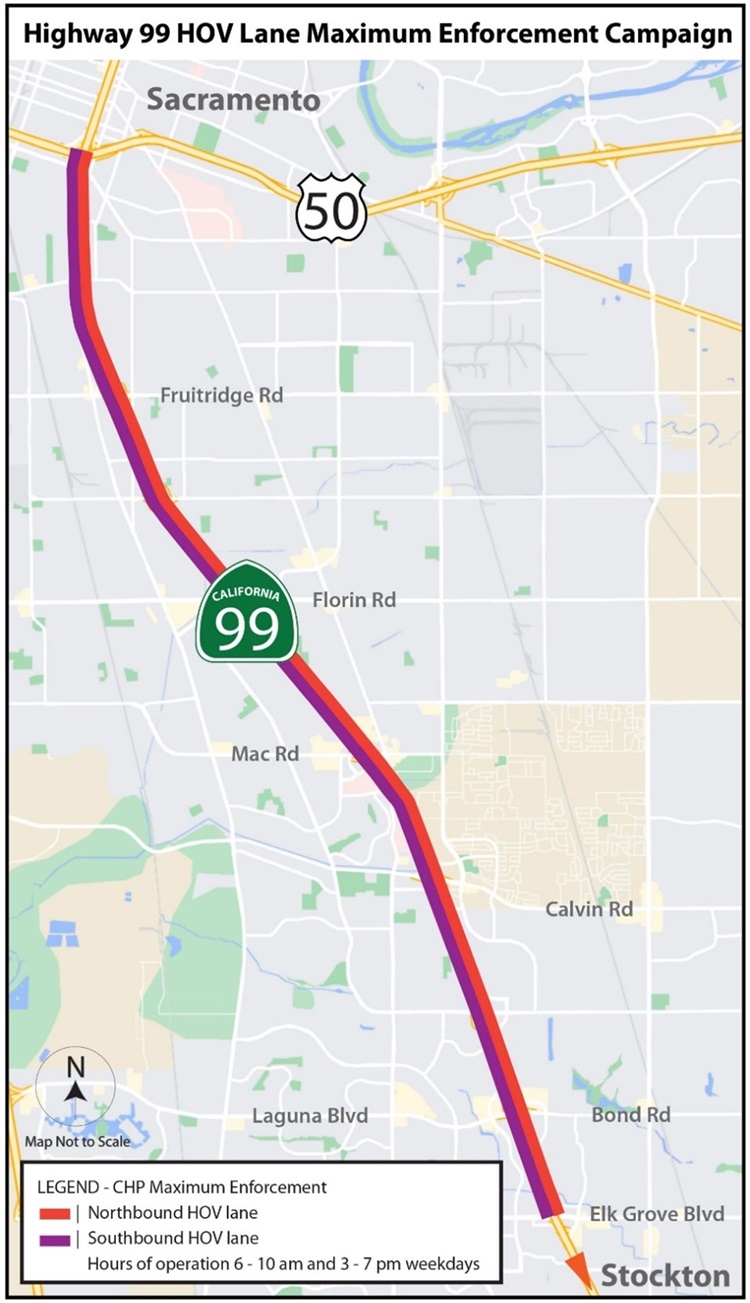 Map of campaign to help reduce the number of High-Occupancy Lane (HOV) violators on a 12-mile stretch of State Route 99 between the city of Elk Grove and the city of Sacramento.
