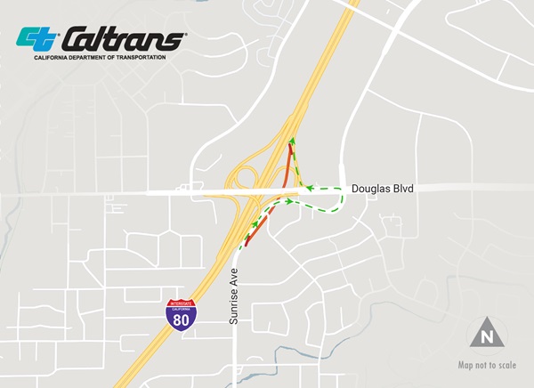 Detour map for the temporary closure of the Sunrise Avenue on-ramp to I-80 eastbound in Roseville. During the closure, motorists wishing to access I-80 eastbound will be directed to stay on Sunrise Avenue to the Douglas Boulevard intersection, then turn left onto Douglas Boulevard to access the I-80 eastbound slip on-ramp toward Reno.