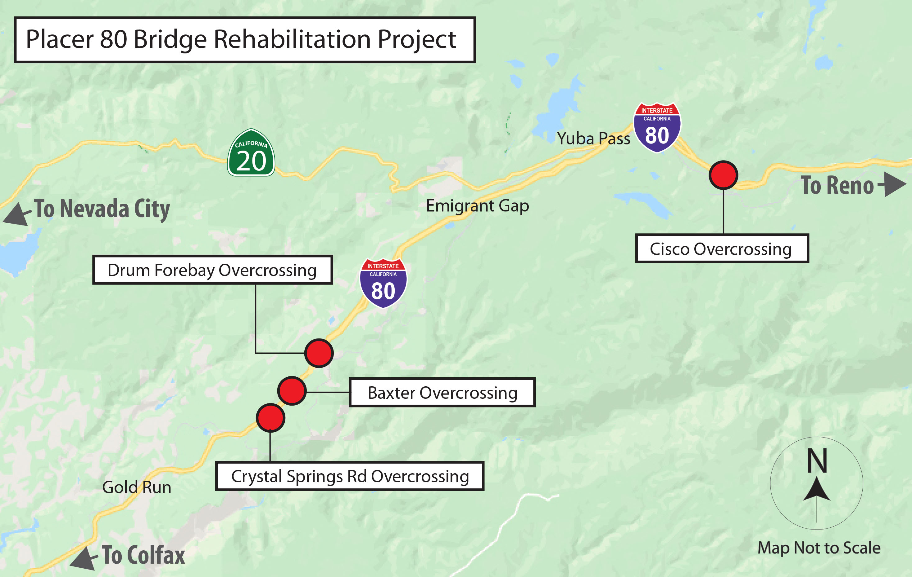 Map showing the location of four bridge overcrossings that are being demolished and rebuilt as part of the I-80 Bridge Rehabilitation Project. The $57 million project is replacing overcrossings in Placer County at Crystal Springs, Baxter, Drum Forebay and Cisco Grove.