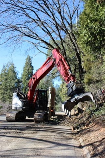 A piece of heavy equipment with a claw attachment on the end reaches to grab cut tree debris along the highway shoulder.