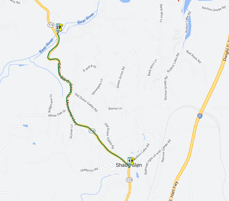 Map showing the location of upcoming tree removal work on State Route 174 in Placer County. Work will occur between the Nevada-Placer County line at the Bear River Bridge and Rollins Lake Road. 