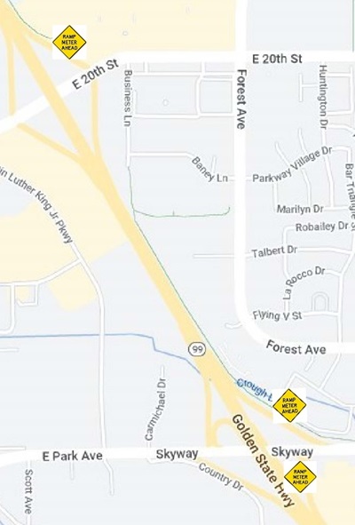 Map showing three ramp meters on northbound State Highway 99 in Chico 