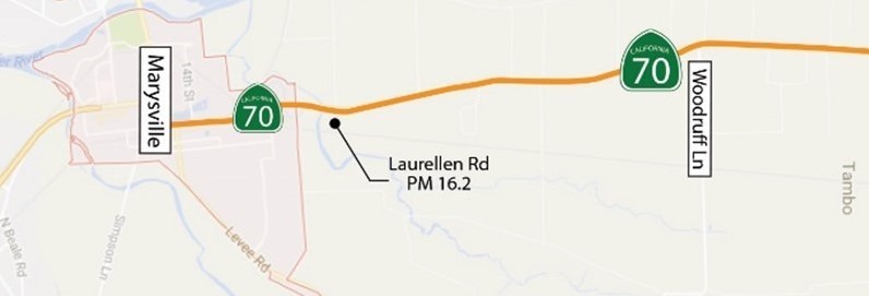 Map of traffic-interfering roadwork scheduled for Saturday, November 5 on State Highway 70 north of Marysville between Laurellen Road and Woodruff Lane 