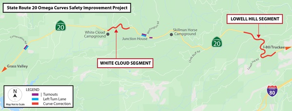 Project map for the Omega Curves Safety Improvement project on State Route 20 in Nevada County. The project is realigning curves near White Cloud and Lowell Hill, adding left turn lanes at Conservation Road and Washington Road, and adding turnouts at Conservation Road, Washington Road and just east of Washington Road.