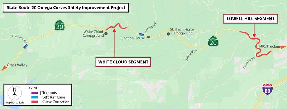 Map showing the project limits for the State Route 20 Omega Curves Safety Improvement project in Nevada County. Turnouts and left turn lanes will be constructed near Conservation Road and Washington Road. An additional turnout will be added near the Skillman Horse Campground. Major roadway curve realignments are planned in the White Cloud and Lowell Hill areas.