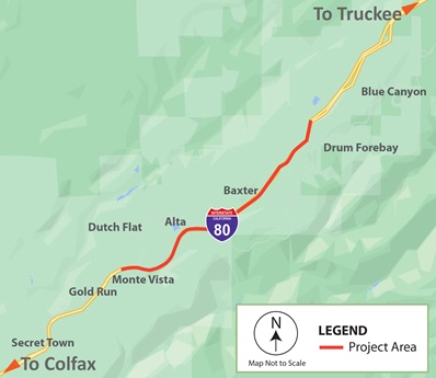 Monte Vista Pavement Rehabilitation project map, showing limits along Interstate 80 between Monte Vista Overcrossing to Drum Forebay Overcrossing within Placer County