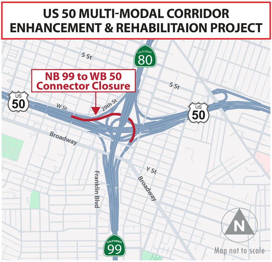 Map - Westbound U.S. 50 Connector Closure Scheduled in Sacramento. 55-Hour Closure at the Connector from Northbound State Route 99 