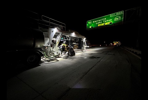 Crews grinding pavement along Interstate 80 in the Sierra Nevada