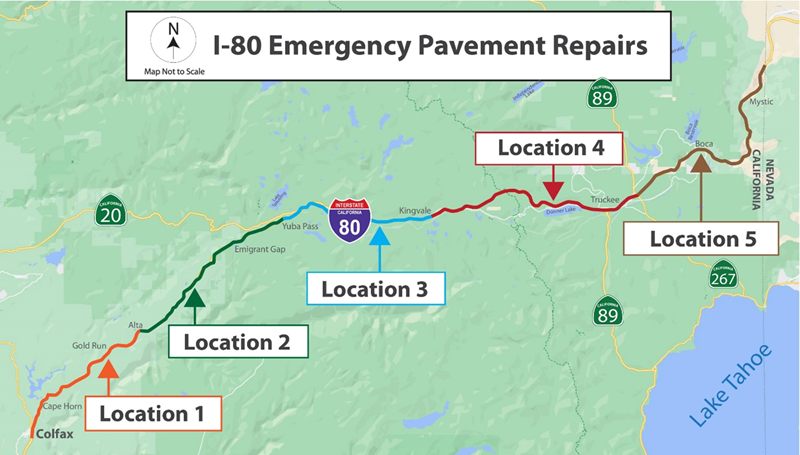 Caltrans is reminding motorists of various lane closures and delays along Interstate 80 (I-80) as emergency repairs continue in Placer and Nevada counties.