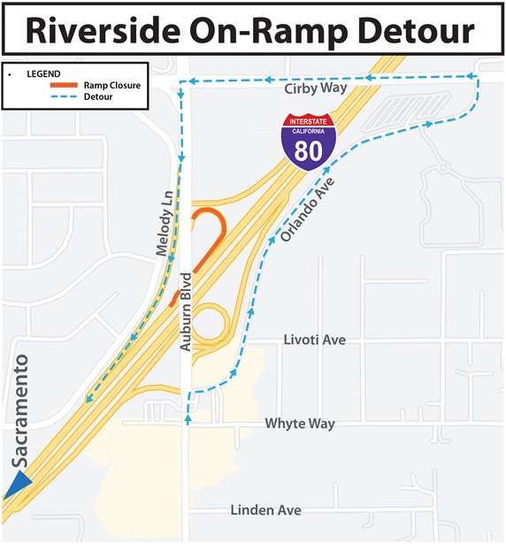 Map showing detour for westbound Interstate 80 loop on-ramp closure at Riverside Avenue in Roseville.