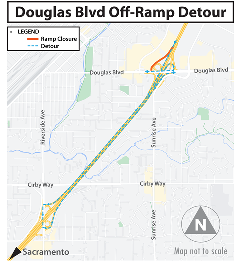 Detour map for westbound Interstate 80 Douglas Boulevard off-ramp closure, sending motorists to Riverside Avenue and turning around back to Douglas Boulevard.