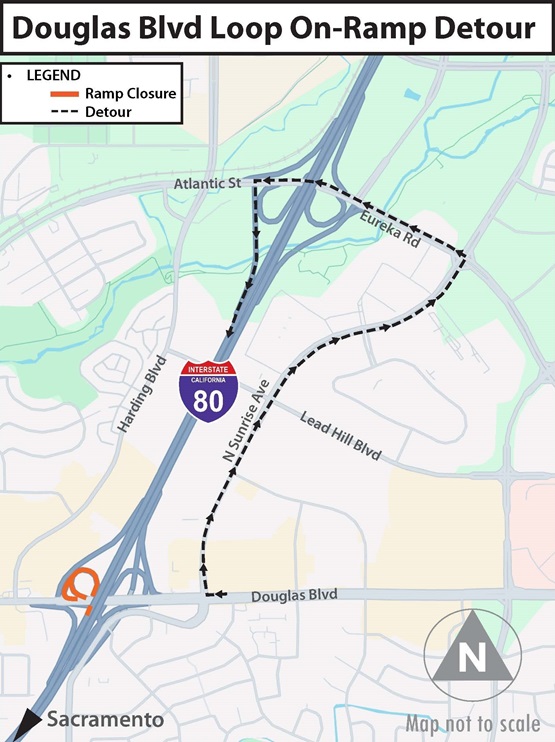 Douglas Boulevard loop on-ramp detour showing motorists taking North Sunrise Avenue, turning left to Eureka Road/Atlantic Street , followed by another left turn to access the slip on-ramp to westbound I-80.