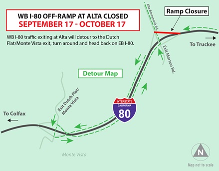 Alta off-ramp detour map along westbound Interstate 80 in Placer County, showing how motorists will continue to Dutch Flat then turn around back on eastbound I-80.