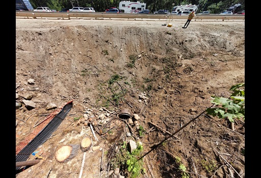 Aerial view of crews working on the hillside along Interstate 80 in Placer County as part of the Monte Vista Pavement Rehabilitation Project