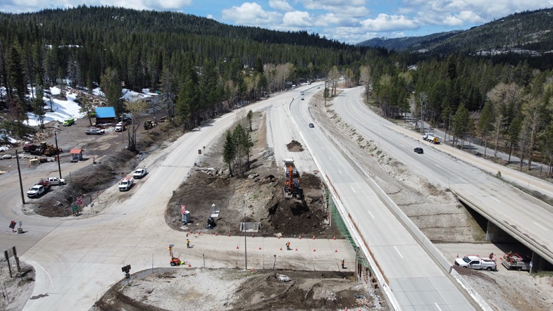 Aerial view of Interstate 80 at the Kingvale exit showing crews reconstructing the Kingvale overcrossing as part of the Soda Springs Pavement Rehabilitation Project.