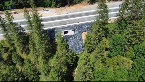 Aerial view of Interstate 80 near Alta as crews construct new wildlife crossing as part of the Monte Vista Pavement Rehabilitation Project.