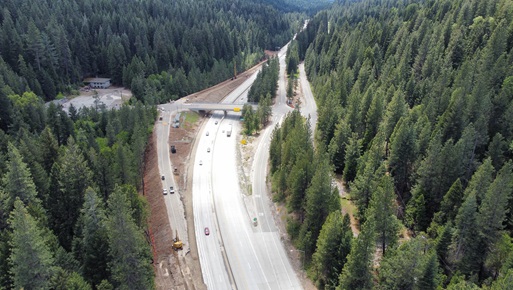 Aerial view of Interstate 80 near the Baxter exit showing crews reconstructing the on- and off-ramps as part of the Monte Vista Pavement Rehabilitation Project.