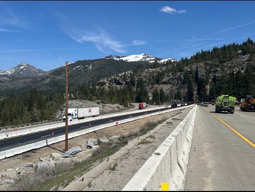 Picture showing eastbound I-80 traffic crossing over into the westbound lanes as part of the Yuba Pass Separation Overhead Bridge Project