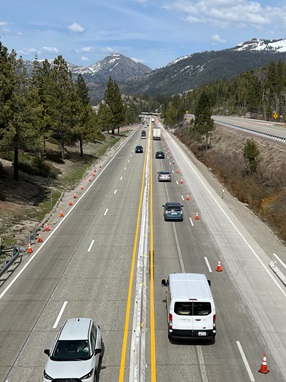 Picture showing eastbound I-80 traffic crossing over into the westbound lanes as part of the Yuba Pass Separation Overhead Bridge Project